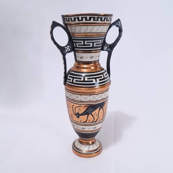 Vintage Greek Copper Vase Urn Amphora‎ Double Handle Hand Painted Deer, 9" Tall - Picture 10 of 10
